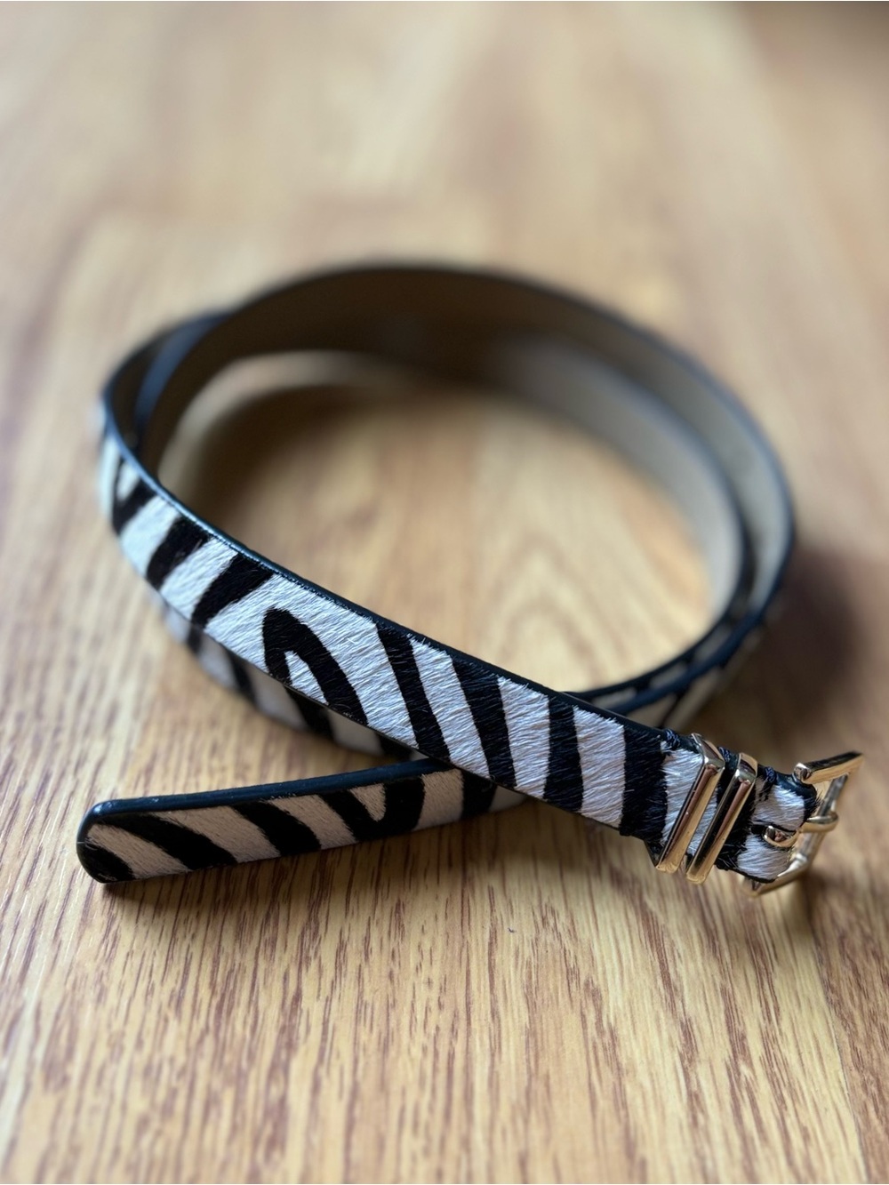 Talbots Zebra Print Skinny Leather Belt Gold Buckle Calf Hair Leather Sz M